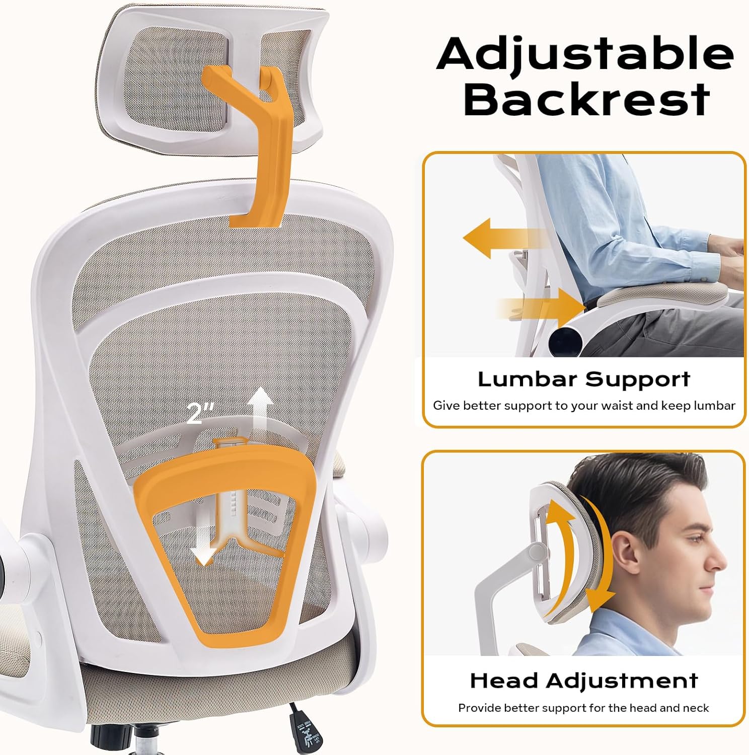 Garvee Ergonomic Office Chair, 300 LBS Capacity, High Back Mesh Desk Chair with Wheels, Flip-Up Armrests, Comfortable Lumbar Support Gaming Chairs for Home Office, Bedroom, Study, Beige