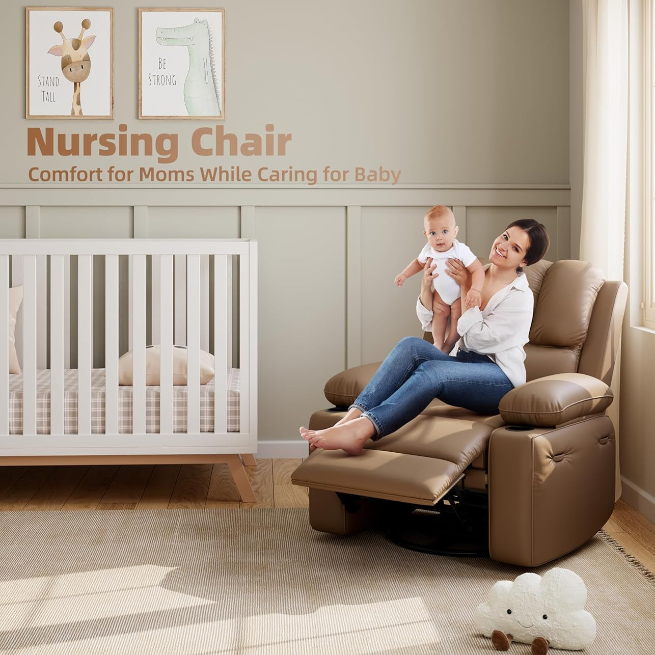 Garvee 22" Massage Recliner Chair for Adults, Lounge Recliner with Vibrating Massage, PU Leather Recliner with Cup Holders and Side Pockets, for Living Room, Bedroom, and Nursery, Tan