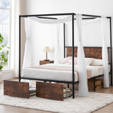 Garvee Queen Size Canopy Bed Frame + 2 Storage Drawers + Four-Poster Design + Metal & Wood + Headboard + Wooden Slats + Modern & Traditional Decor - Brown(with Storage)