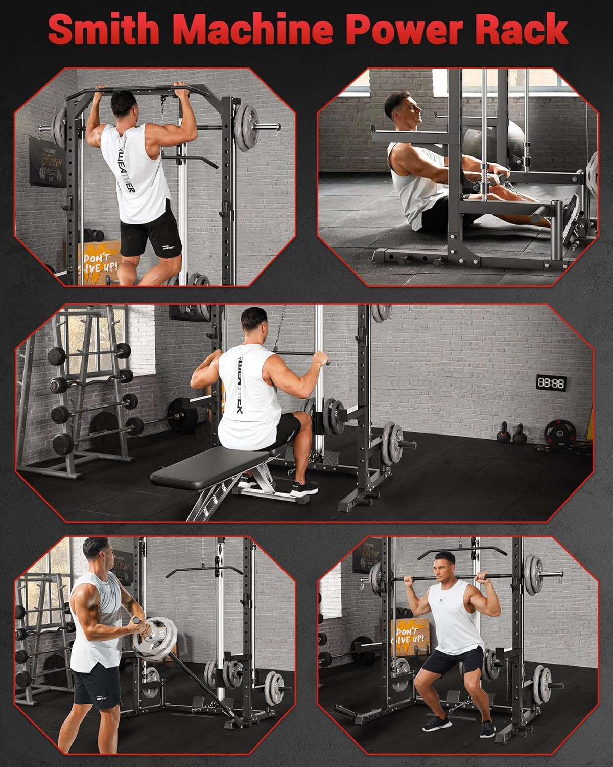 GARVEE Smith Machine Home Gym with Barbell Bar, Cable System, Lat Pulldown Attachments, Safety Spotter Arms, J Hooks, Landmine, Multi-Functional Squat Rack for Full Body Strength Training