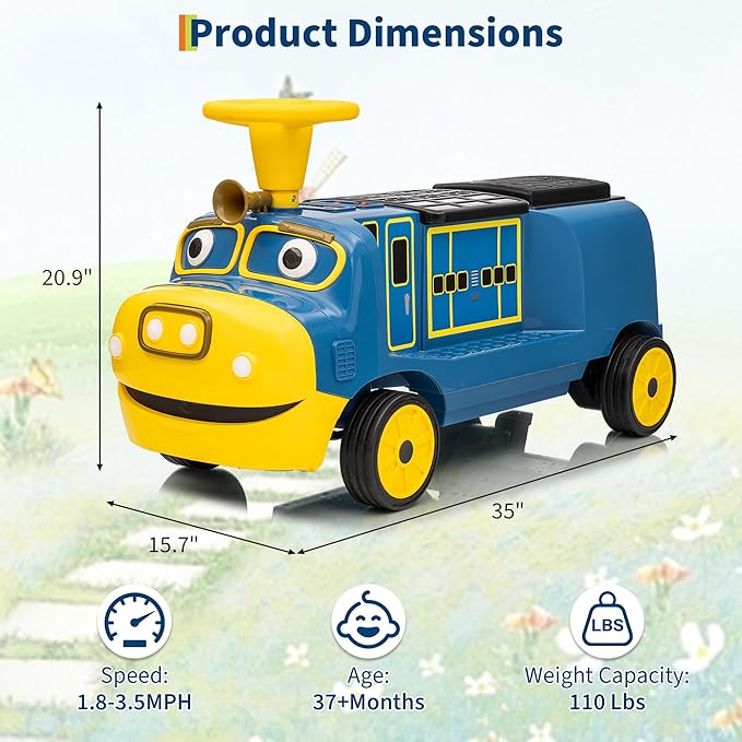 Garvee 12V Kids Ride On Train Trackless 2-Seater Dual Motor Rubber Wheels Light Music Blue Outdoor Fun