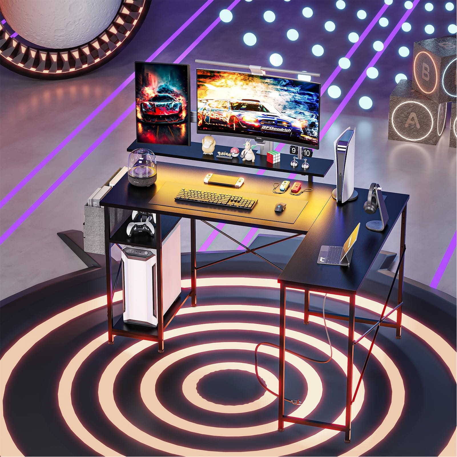 54" L-Shaped Gaming Desk with Power Outlet & LED Light, Black