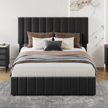 Garvee Full Size Bed Frame with 4 Storage Drawers, Linen Upholstered Platform Bed Frame with Adjustable Headboard, Strong Wooden Slats, Noise Free, No Box Spring Needed, Easy Assembly, Black