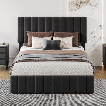Garvee Full Size Bed Frame with 4 Storage Drawers, Linen Upholstered Platform Bed Frame with Adjustable Headboard, Strong Wooden Slats, Noise Free, No Box Spring Needed, Easy Assembly, Black