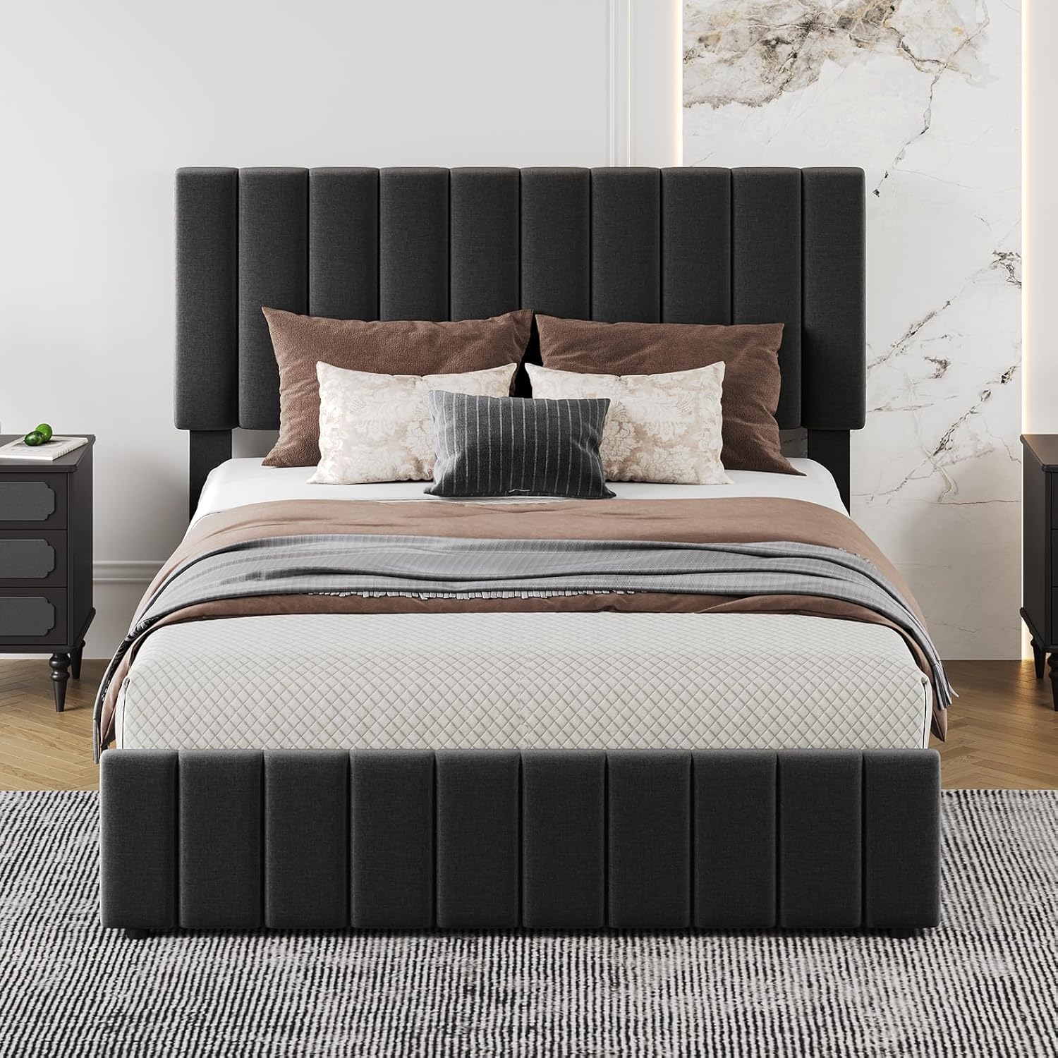 Garvee Full Size Bed Frame with 4 Storage Drawers, Linen Upholstered Platform Bed Frame with Adjustable Headboard, Strong Wooden Slats, Noise Free, No Box Spring Needed, Easy Assembly, Black