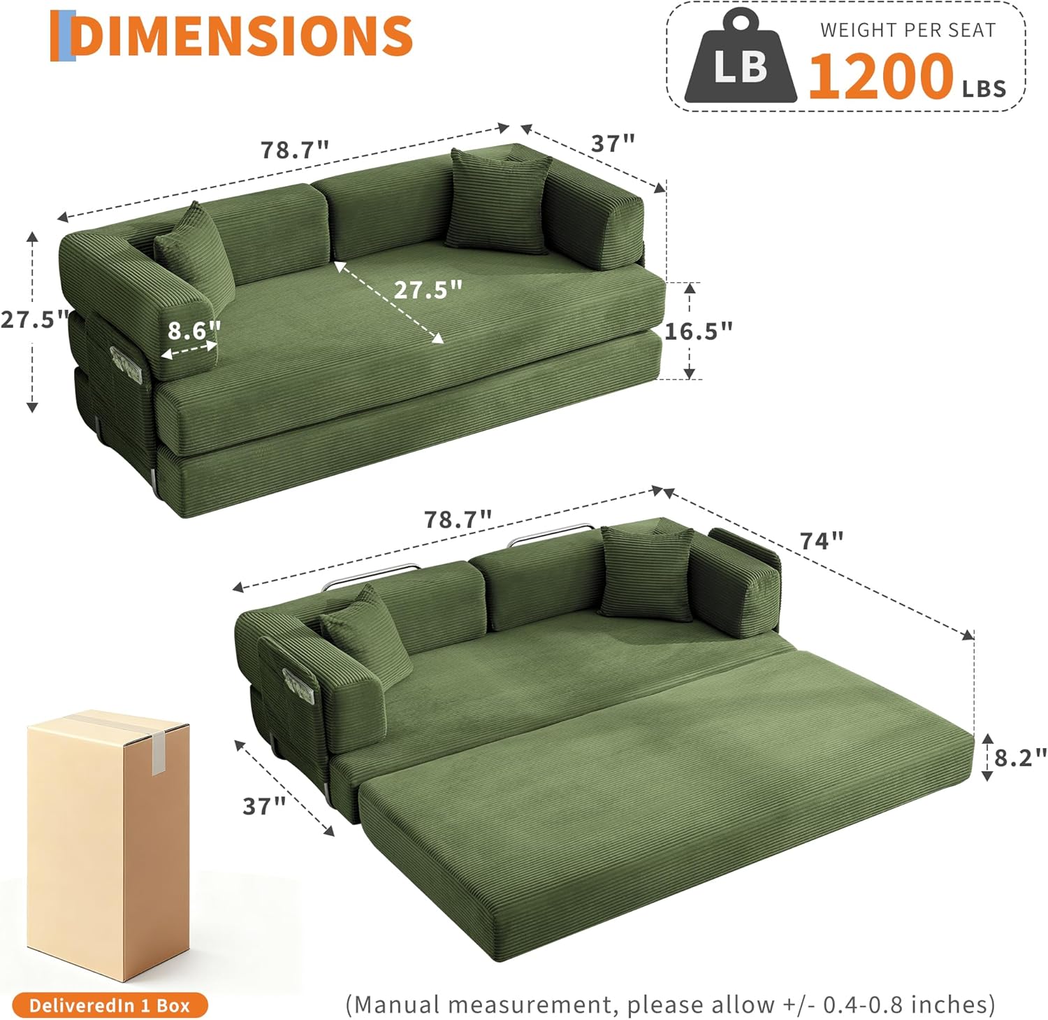 Garvee Convertible Sleeper Sofa Bed, 78.8" Floor Sofa Bed, 5-in-1 Folding Mattress Couch Loveseat with Fixed-Shape Frame, Pillow, Corduroy Fabric for Living Room Bedroom Lounge, Green