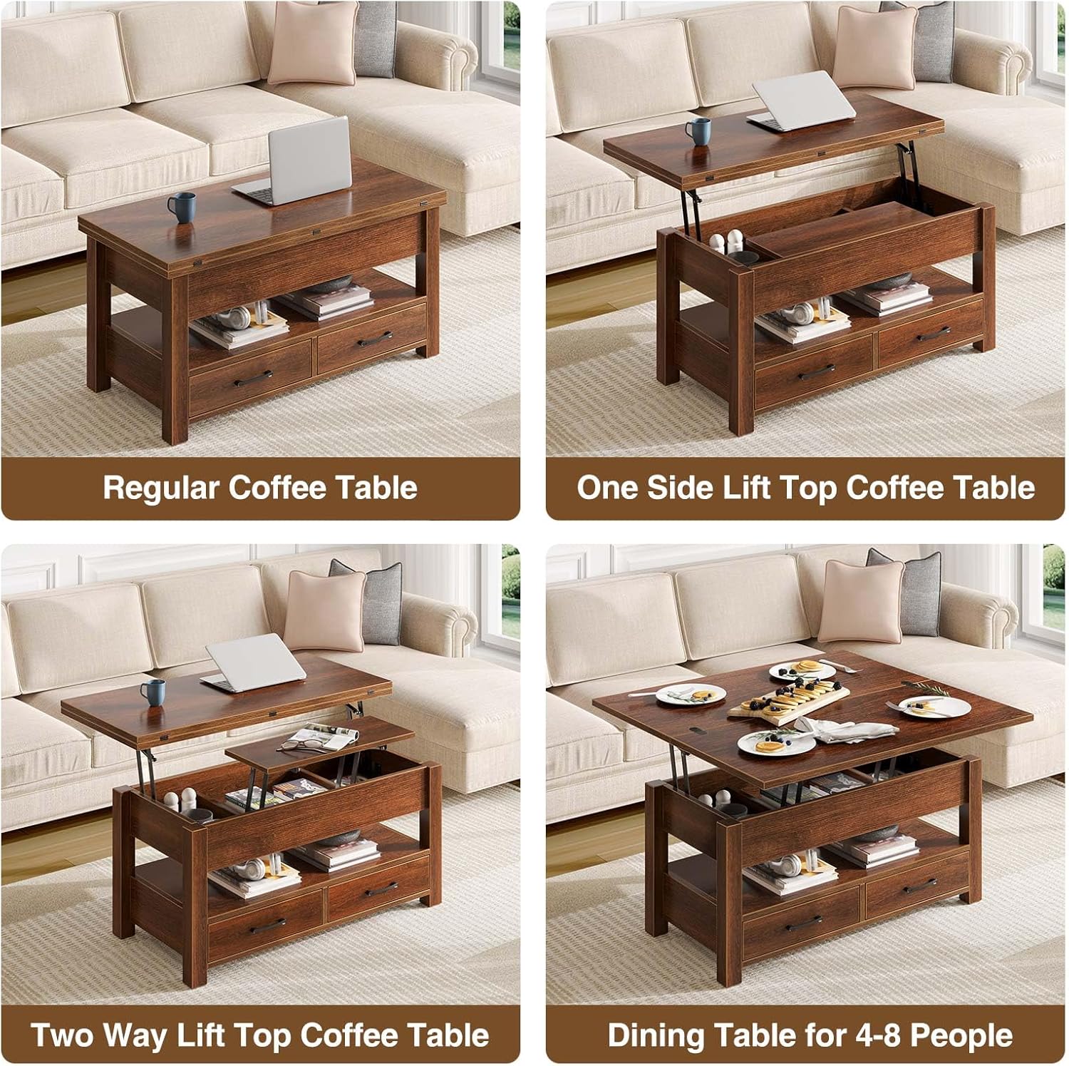 Garvee Coffee Table Lift Top, Multi-Function Convertible Coffee Table with Drawers and Hidden Compartment, Converts to Dining Table for Living Room, Home Office, Brown