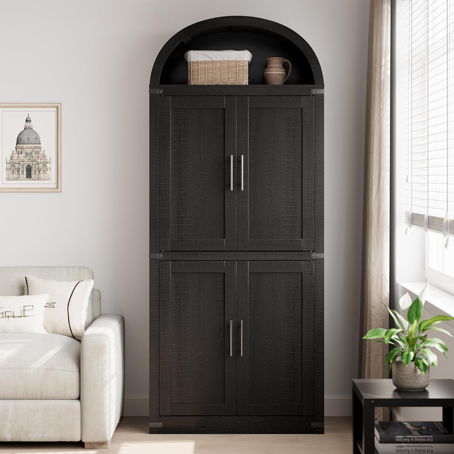 Garvee 71.6" Modern Fluted Wooden Arched Bookcase with Doors, 5-Tier Storage Organizer Cabinet for Living Room, Dining Room, Office, Black
