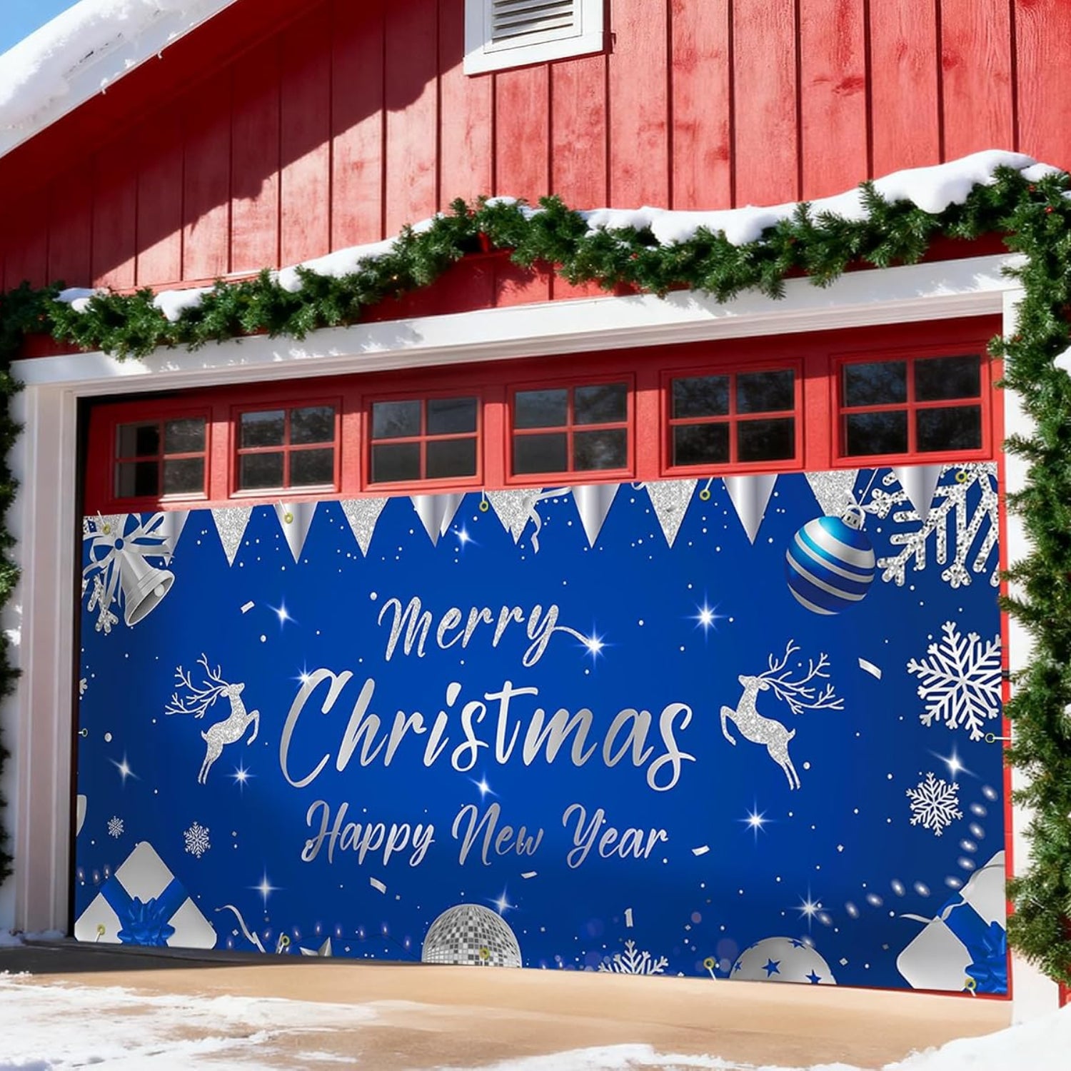 Garvee Christmas & New Year Garage Door Cover - 7x16 ft Holiday Banner with 4x6 m Ribbons | Vibrant Polyester Decor for Home, Church, Party | Durable & Reusable Xmas Decoration