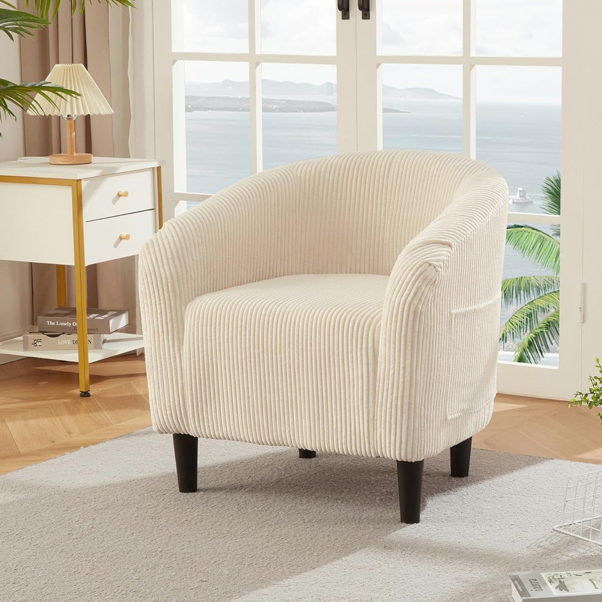Garvee Accent Chair Corduroy Club Chair, Comfy Curved Armrest Upholstered Barrel Chair with Soft Padded Seat, U-Shaped Backrest for Living Room Bedroom Study Waiting Room, Beige