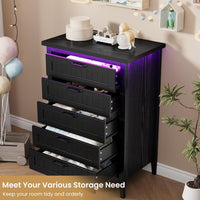 Garvee 5 Drawer Dresser for Bedroom with Charging Station and LED Lights, Farmhouse 44.9" Tall Chest of Dresser with Large Storage for Living Room, Hallway & Entryway, Black