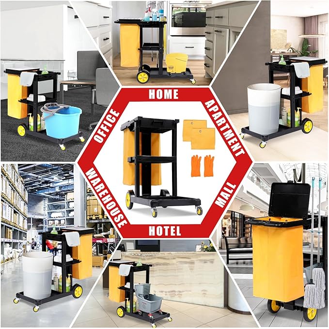 Garvee Commercial Janitorial Cleaning Cart, 3-Tier Janitorial Cart 500LBs Capacity Housekeeping Cart, Wheeled with 25 Gallon Yellow PVC Bag and Cover Lid