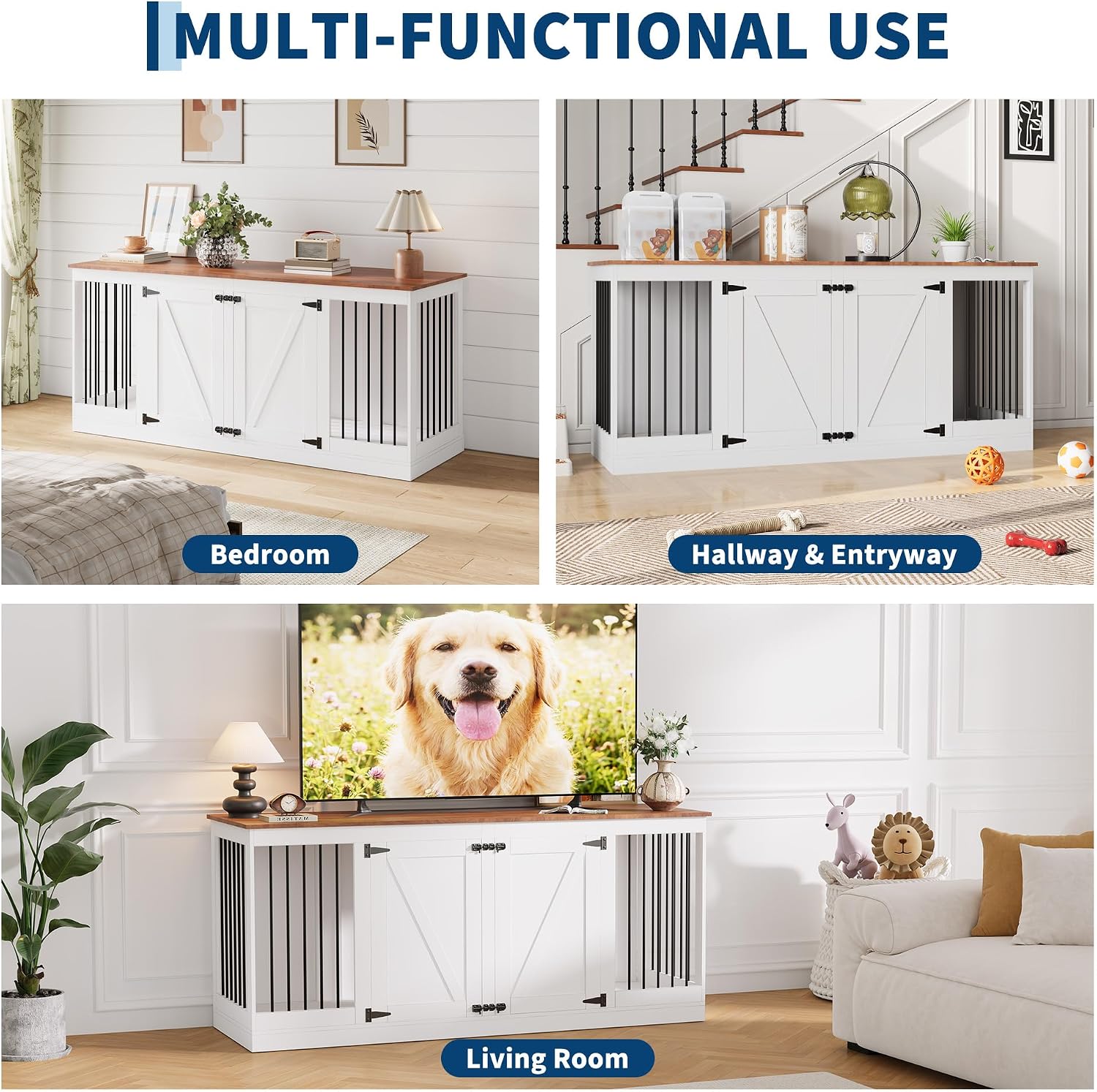 Garvee Large Dog Crate Furniture, 70.8" Wooden Dog Kennel TV Stand for 2 Dogs