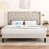 Garvee Queen Size Bed Frame with Charging Station, Upholstered Platform Bed with Button Tufted Storage Headboard Wingback, No Need for a Box Spring, Wood Slat Support, Easy to Assemble - Yellow