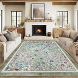 Garvee Washable 10x13 Area Rugs Boho Floral Vintage Low Pile Non Slip Large Rug Green for Living Room Bedroom Dining Room Kids Playroom - Green