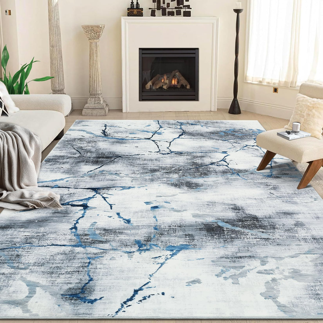 9x12 area rug with washable low pile surface for living room use in abstract blue and gray marble pattern