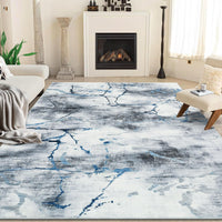 9x12 area rug with washable low pile surface for living room use in abstract blue and gray marble pattern