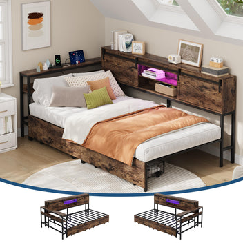 Garvee Twin Size Corner Bed Frame with 2 Storage Drawers, Charging Station and RGB LED Lights, Metal Platform Bed Frame with Desk and Bookcase Headboard for Kids Teens Guests