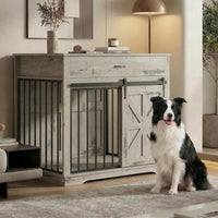 Garvee 37.8"W Dog Crate Furniture for Small/Medium Dogs, 2-in-1 Iron-Wood Fusion Dog Cage Indoor As Side End Table, Farmhouse Dogs Kennel with Sliding Barn Doors & Storage Drawer, Gray