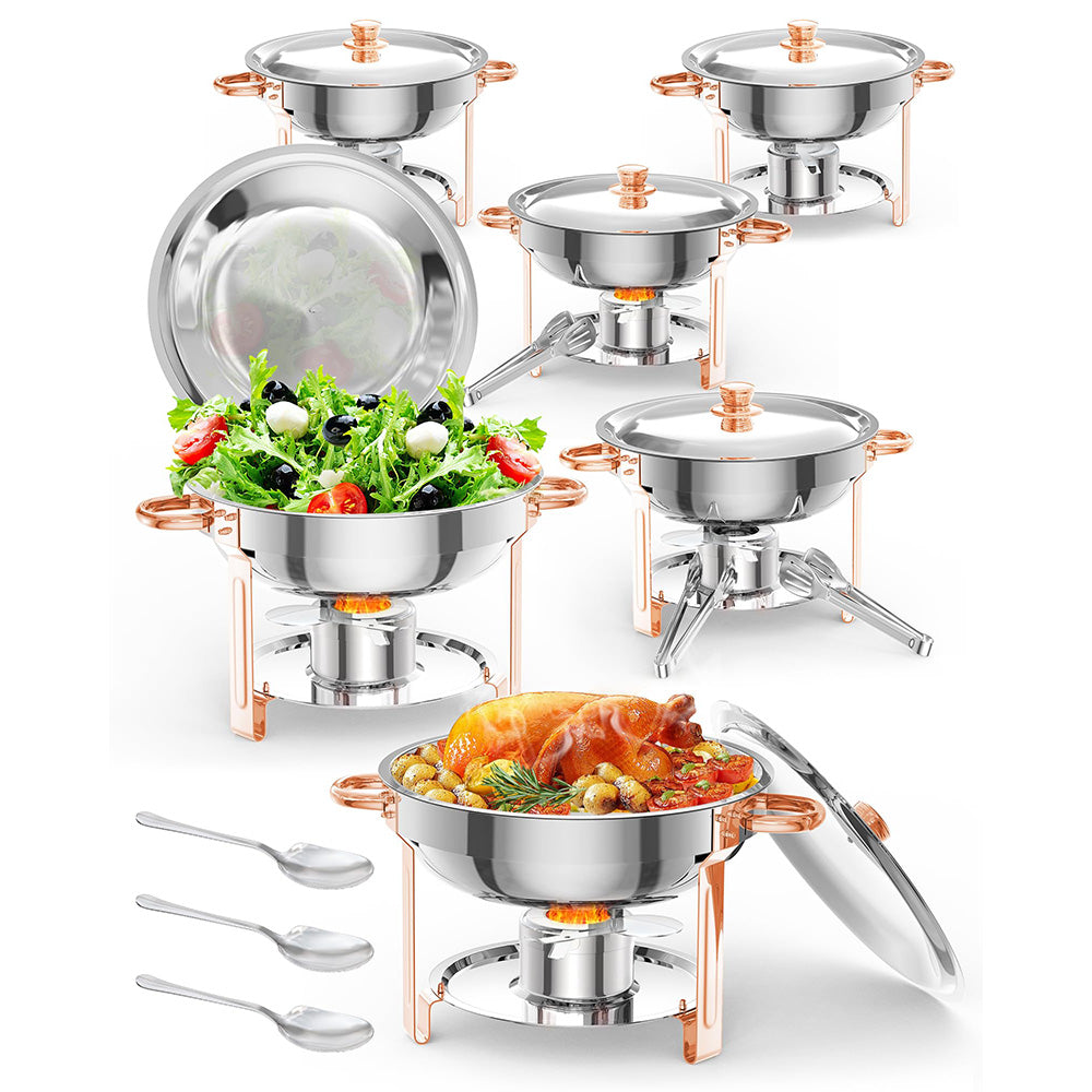 GARVEE 5QT Round Chafing Dish Buffet Set (6 Pack) - Rose Gold Stainless Steel Food Warmers with Lid Holder, Spoon, and Tweezers, Perfect for Parties, Weddings, Events, and Banquets