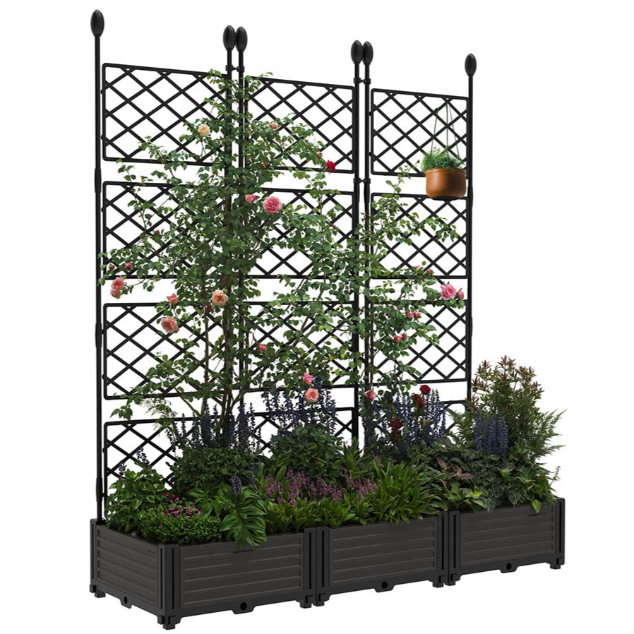 Garvee 3-Pack Plastic Planter Boxes w/Metal Trellis - Modular Privacy Screen & Raised Garden Bed for Balcony/Patio, Black