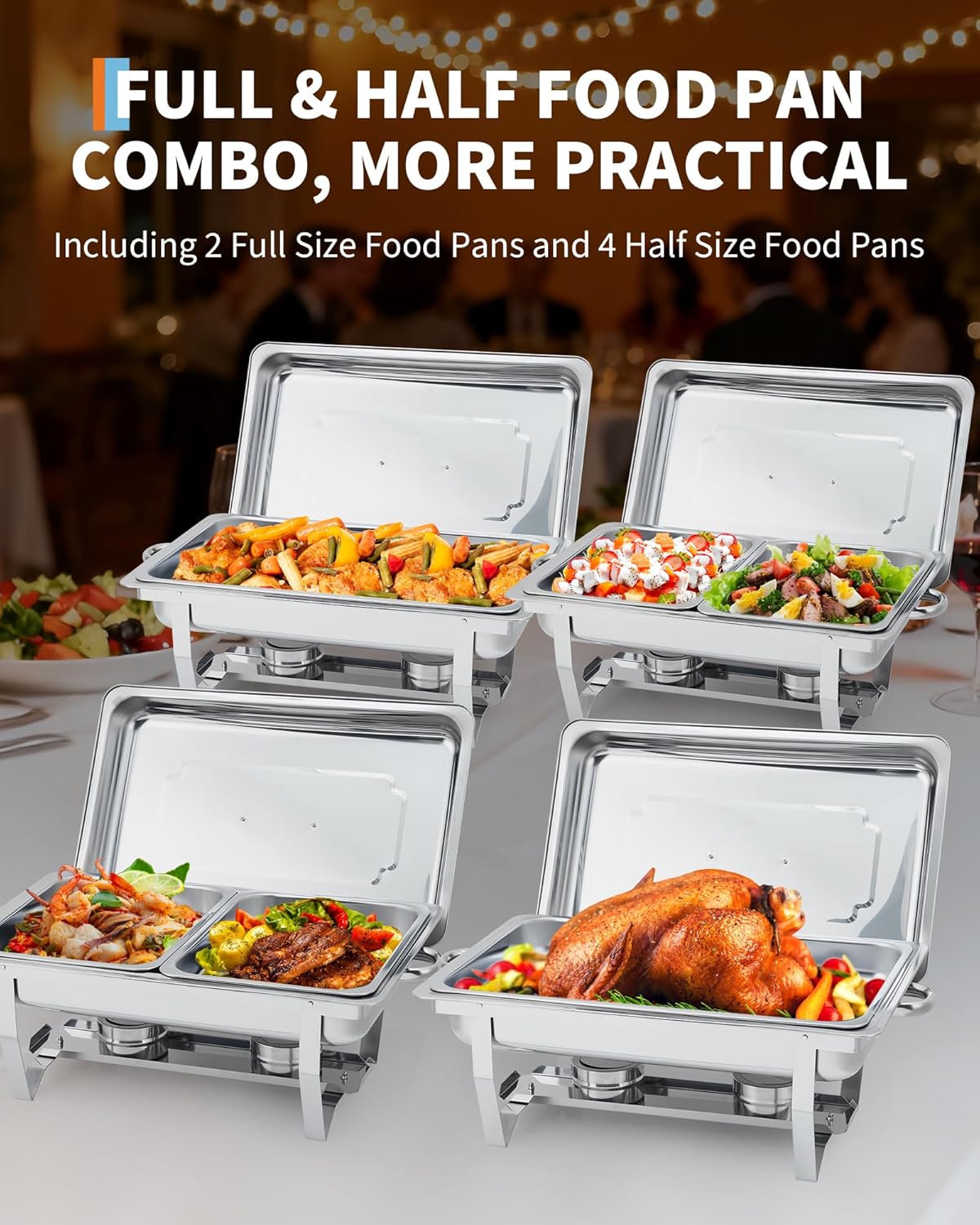 Garvee 4-Pack Stainless Steel Chafing Dish Buffet Set - 8QT Large Square Food Warmer for Catering, Weddings & Home Parties, Silver, 24.4x14x12 Inches