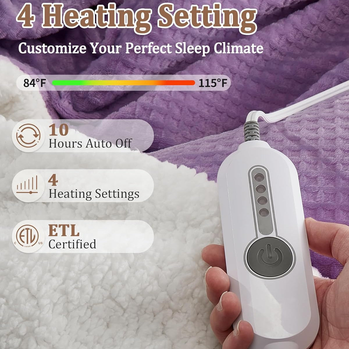 Garvee Heated Blanket Twin Size, Waffle Fast Heating Electric Blankets with ETL Certified, Soft Flannel, 4 Heat Levels, 10 Hours Auto Off, Machine Washable, Purple, 62" x 84"