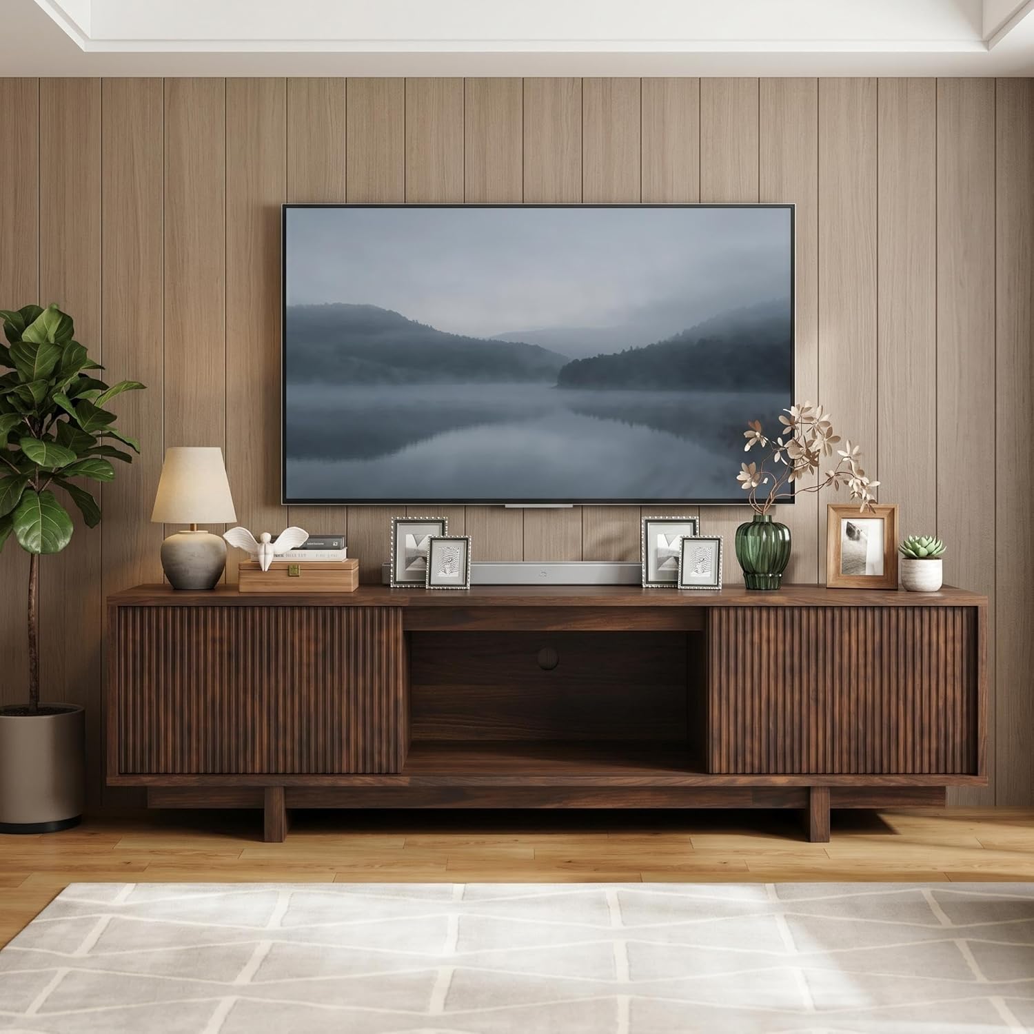Garvee Walnut Mid-Century Modern TV Stand for 55/63 Inch TVs – Fluted Wave-design Sliding Door, Media Console with Storage Cabinet, Entertainment Furniture – Color: Walnut