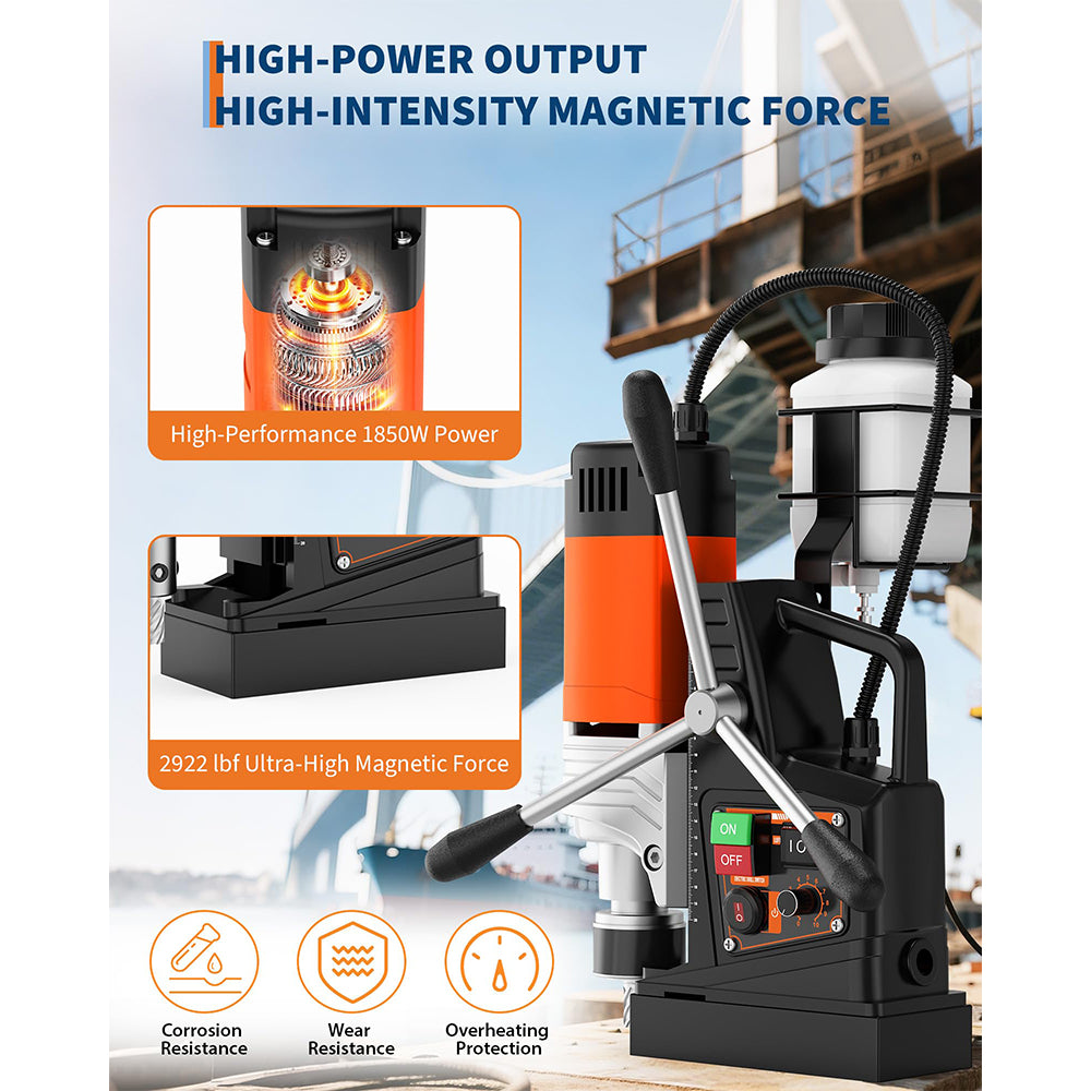 Garvee Mag Drill Press 1850W 2" Boring Diameter Portable Magnetic Drill 810 RPM Variable Speed Reversible with Drill Bits Set