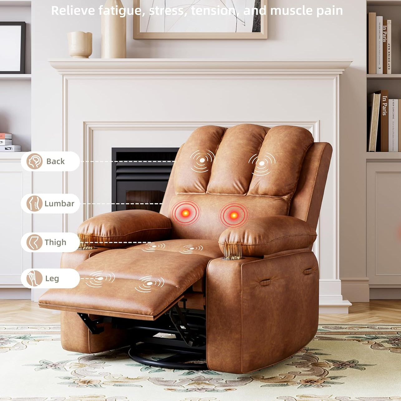 Garvee 22" Massage Recliner Chair for Adults, Lazy Boy Recliner with Massage, 150% Sponge Filling, Side Pockets, and Cup Holders, for Living Room, Bedroom, and Nursery, Vintage Leather