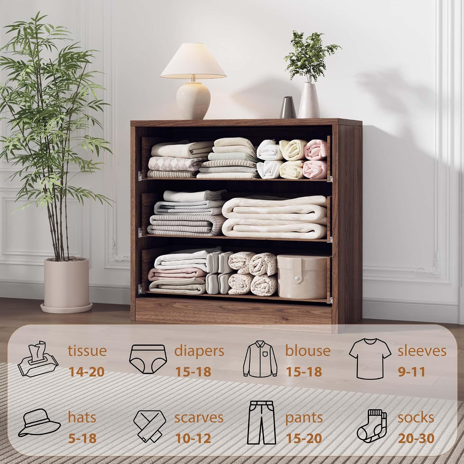 Garvee Tall Storage Solution 3-Drawer Dresser – Freestanding Wooden Chest with Large Storage, Vertical Organizer Cabinet for Bedroom, Living Room, Entryway – Walnut