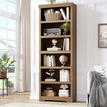 Garvee 6 Tier Bookshelf, 75" Tall Farmhouse Bookcase with Adjustable Shelves, 23.6" W Floor Standing Open Display Storage Rack with Anti-Slip Design for Home Office, Balcony, Library, Study / Living Room, Brown