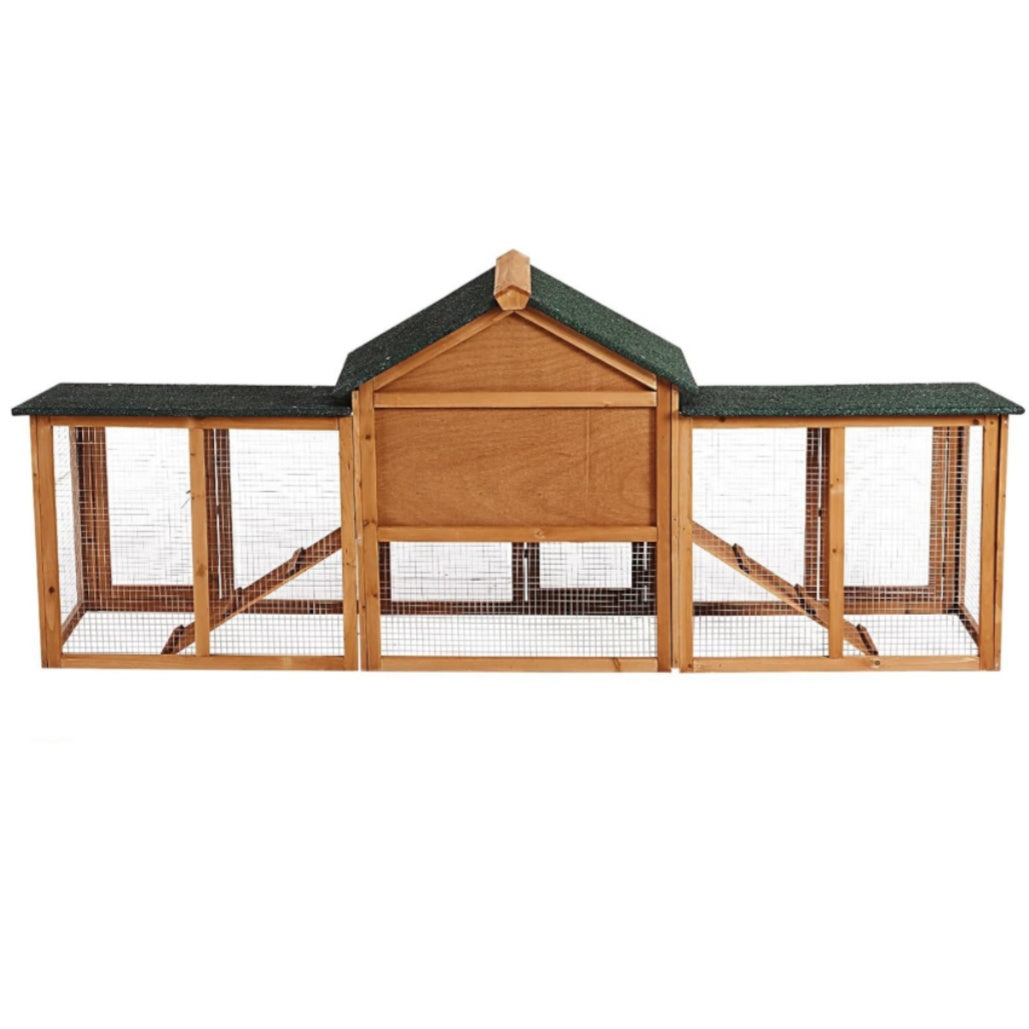 80 Inch Wooden Rabbit Hutch, Outdoor Chicken Coop, Bunny Hutch Guinea Pig Pet House Bunny Cage with Double Side Runs, Weatherproof Roof, Removable Tray, Ramps for Small Animals