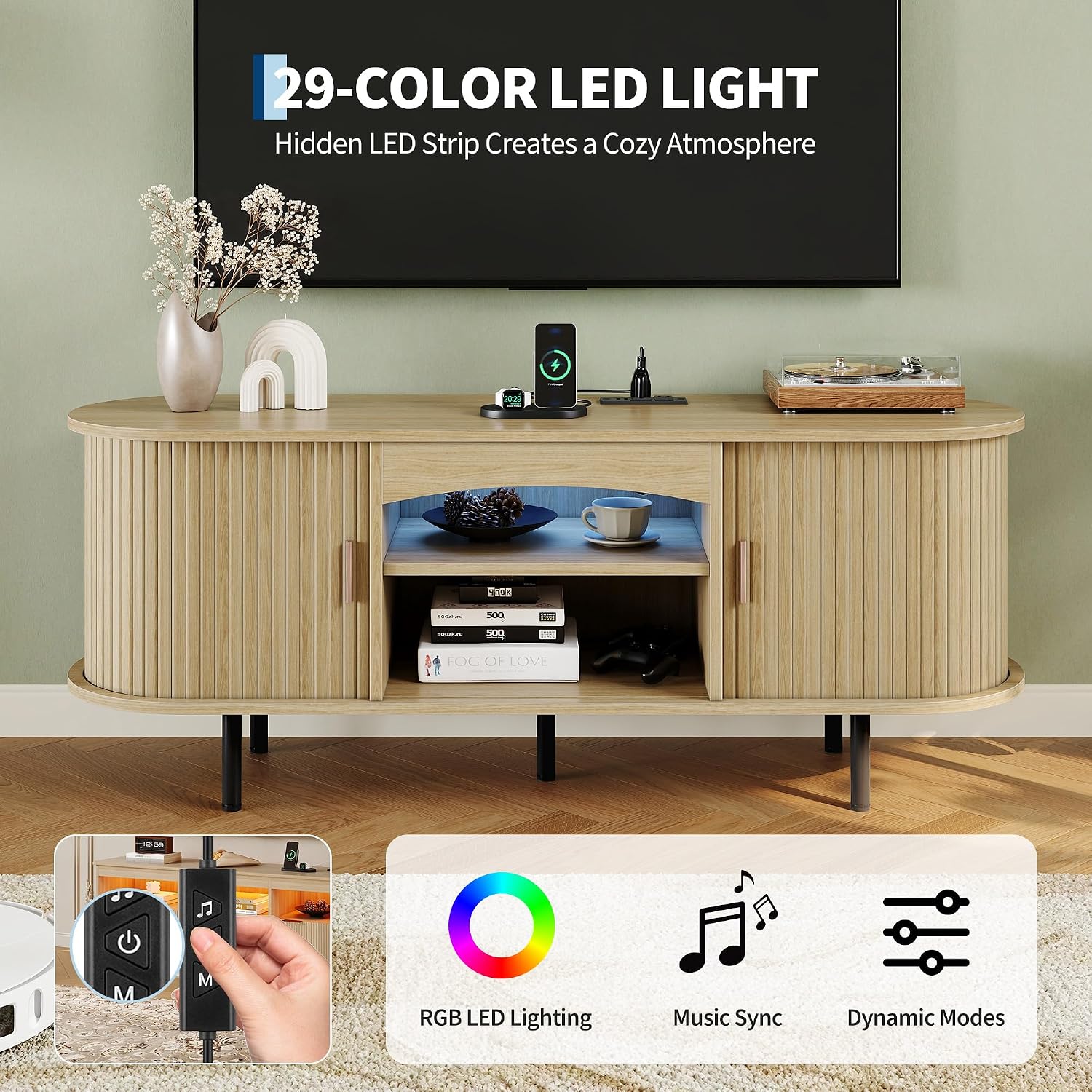 Garvee 55" Fluted TV Stand for TVs Up to 65", Mid Century Media Console with LED Lights and Power Outlet, Entertainment Center with Storage, Sliding Door & Adjustable Shelf for Living Room, Oak