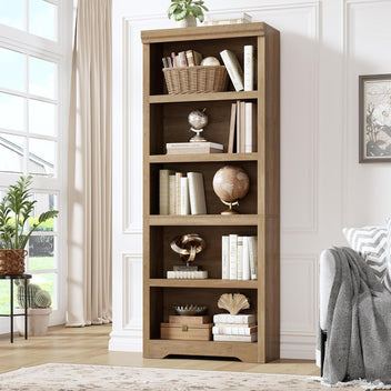 Garvee 5 Tier Bookshelf, 69" Tall Farmhouse Bookcase with Adjustable Shelves, 23.6" W Floor Standing Open Display Storage Rack with Anti-Slip Design for Home Office, Balcony, Library, Study / Living Room, Brown
