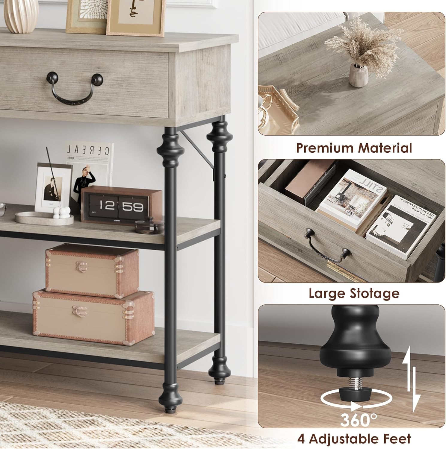 Garvee Console Table with Drawers, Narrow Entryway Table, MDF Wood & Metal, 3-Tier Storage, Adjustable Footpads, Rustic Gray, Living Room, Foyer