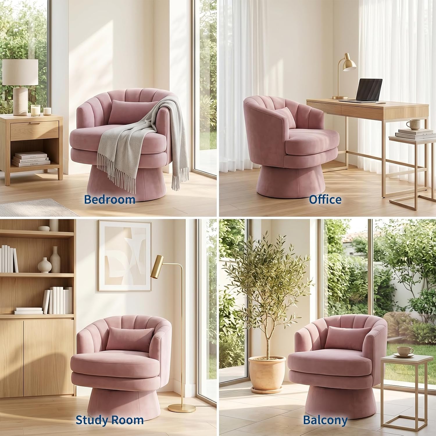 Garvee 360° Swivel Barrel Accent Chair with Lumbar Pillow, Soft Upholstered Single Armchair, Round Base for Living Room/Bedroom/Vanity - With lumbar pillow | velvet | pink