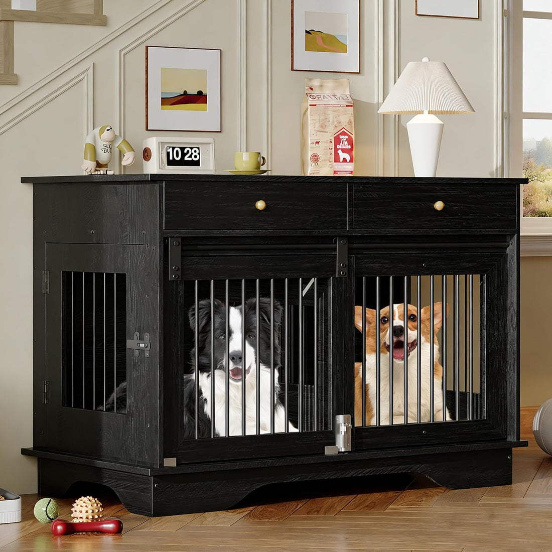Garvee Dog Crate Furniture for 2 Dogs, 47" Double Dog Kennel with Removable Divider and 2 Drawers, Triple Doors, Decorative TV Stand Side Table, Indoor Pet Cage for Large/Medium/Small Dogs, Black