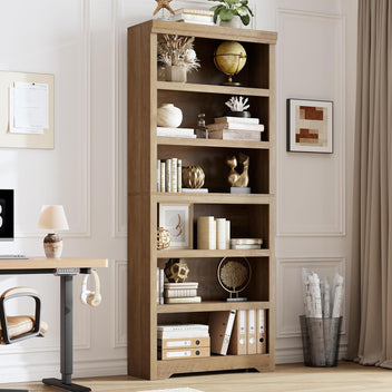 Garvee 6 Tier Bookshelf, 75" Tall Farmhouse Bookcase with Adjustable Shelves, 31.5" W Floor Standing Open Display Storage Rack with Anti-Slip Design for Home Office, Balcony, Library, Study / Living Room, Brown