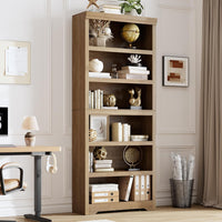 Garvee 6 Tier Bookshelf, 75" Tall Farmhouse Bookcase with Adjustable Shelves, 31.5" W Floor Standing Open Display Storage Rack with Anti-Slip Design for Home Office, Balcony, Library, Study / Living Room, Brown