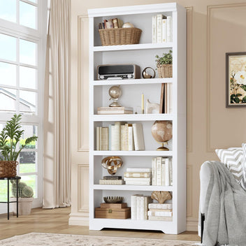 Garvee 6 Tier Bookshelf, 75" Tall Farmhouse Bookcase with Adjustable Shelves, 31.5" W Floor Standing Open Display Storage Rack with Anti-Slip Design for Home Office, Balcony, Library, Study / Living Room, White