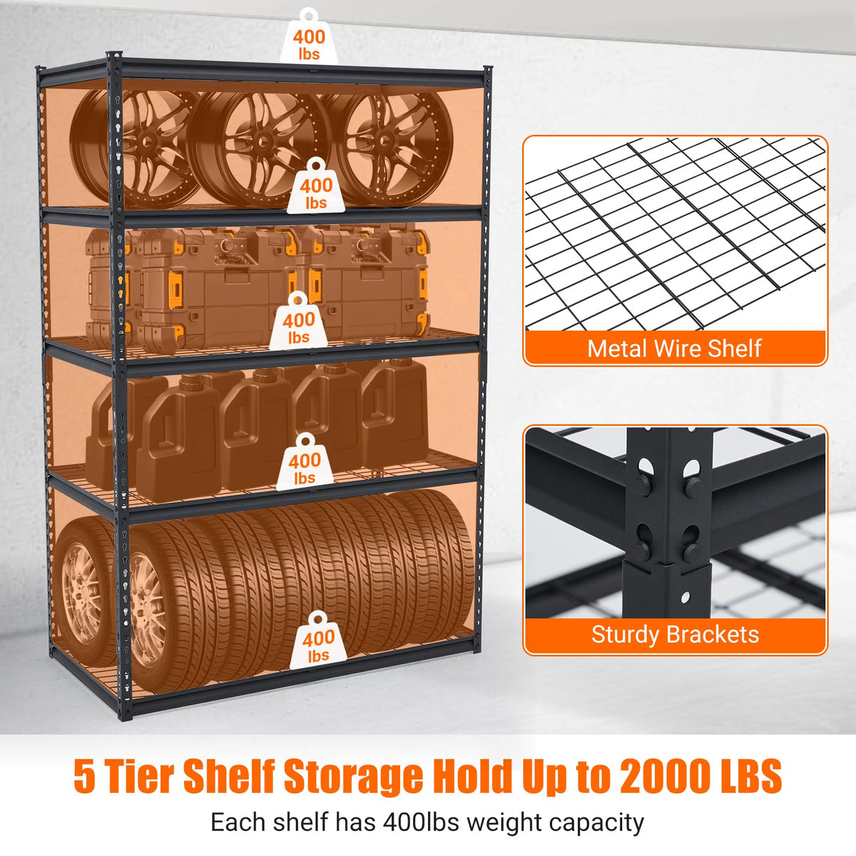 GARVEE heavy-duty metal wire shelf and sturdy bracket detail for garage rack