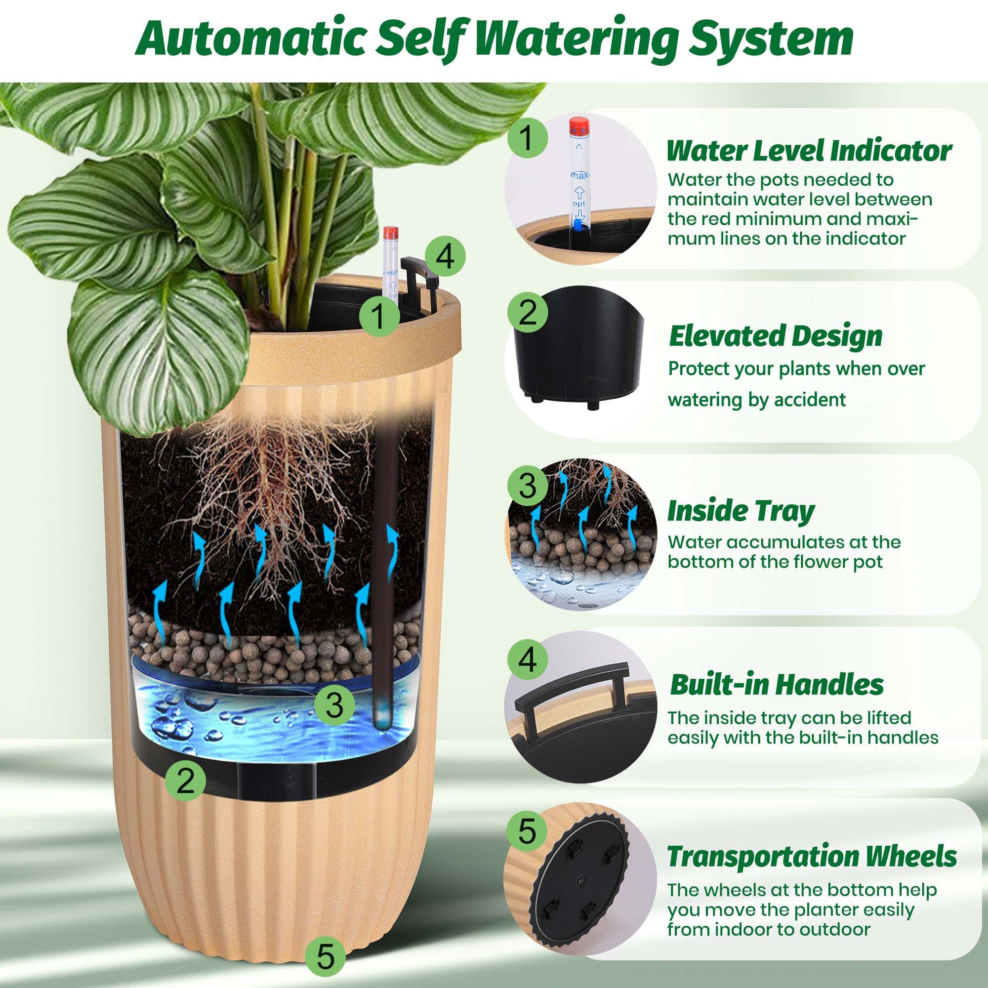 garden treasures self watering planter Garvee 23" Tall Self-Watering Planters Set of 2 with Water Level Monitor & Hidden Wheels
