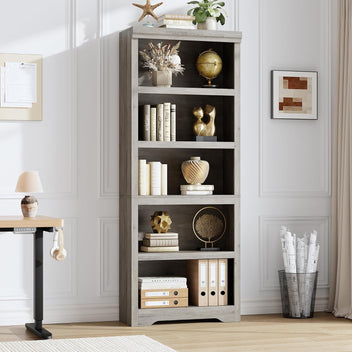Garvee 5 Tier Bookshelf, 69" Tall Farmhouse Bookcase with Adjustable Shelves, 23.6" W Floor Standing Open Display Storage Rack with Anti-Slip Design for Home Office, Balcony, Library, Study / Living Room, Gray