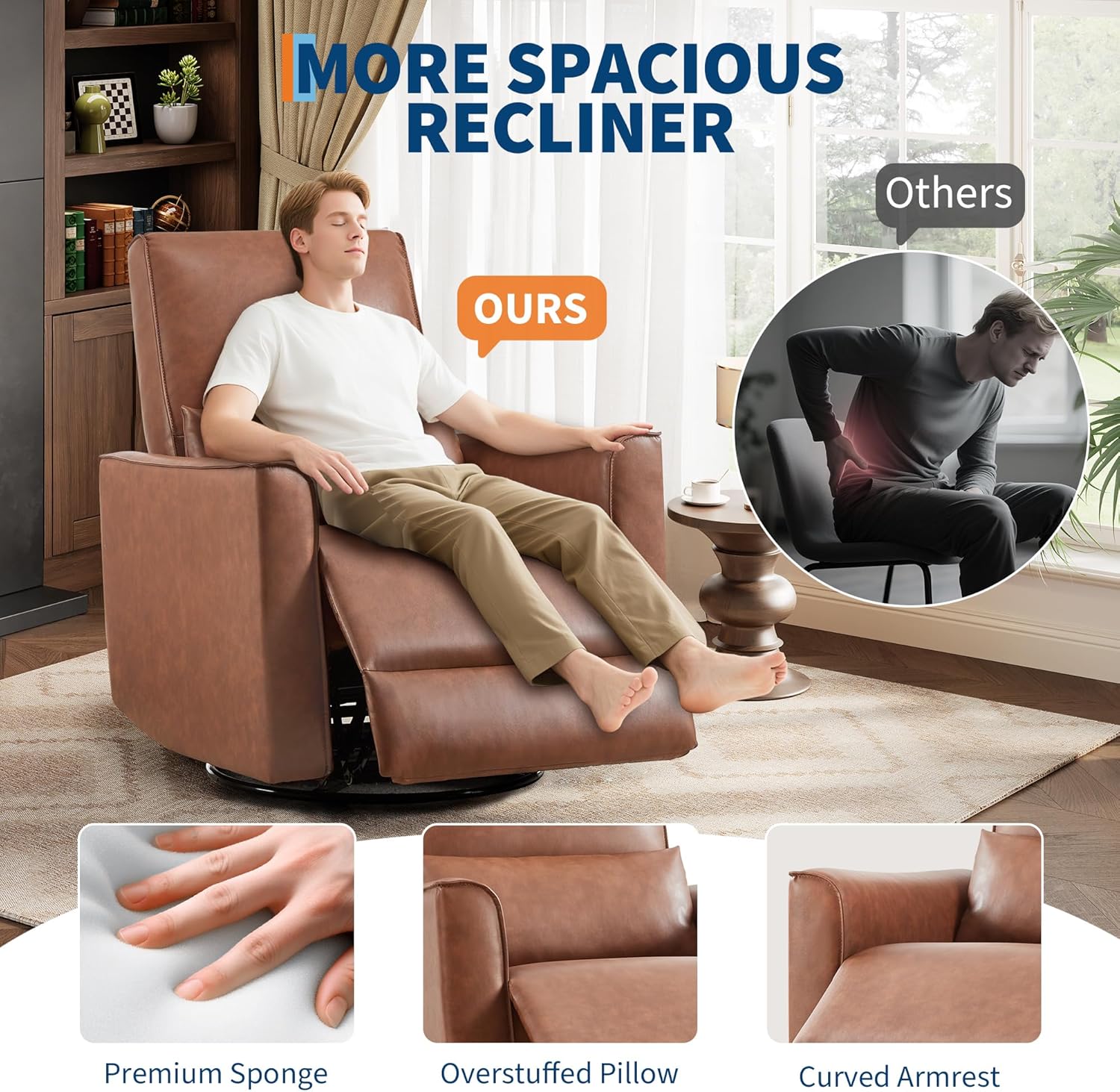 Garvee Swivel Rocking Manual Recliner Chair for Adults, Rocker Recliner Glider Deep Seat PU Leather Sofa Chair with High Backrest for Nursery, Living Room, Bedroom & Home Movie Theater, Brown