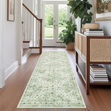 Garvee Vintage Floral Runner Rug 2x6 Washable Retro Oriental Printed Carpet Low Pile Thin Entryway Rug Green - Green