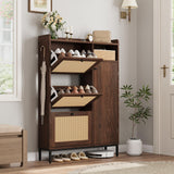 Garvee Shoe Cabinet with 3 Flip Drawers and 4-Tier Adjustable Rattan Doors for Entryway, Closet, Hallway - Large Capacity, Durable, Stylish - Dark Rustic Oak