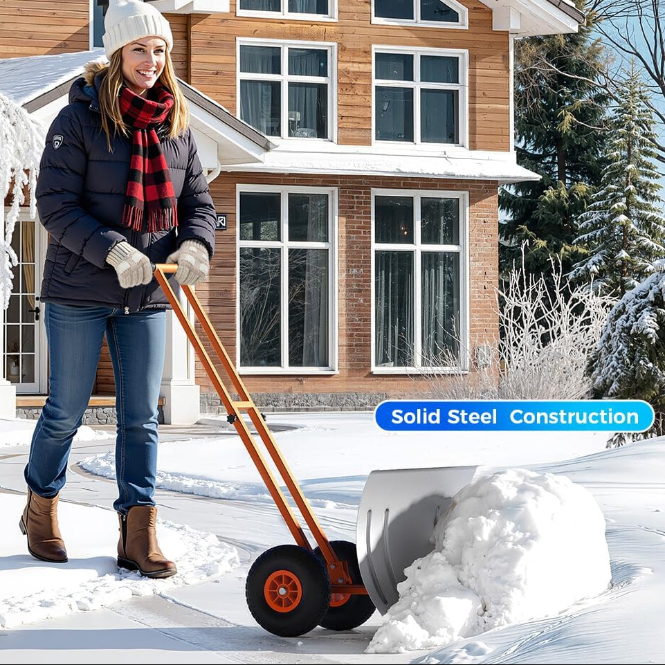 Garvee 29"W X 19.68"H Snow Pusher Shovel with Wheels,Heavy Duty Steel Snow Shovel with Wheels,Angled Blade Efficient Snow Removal With5-Position Angled Blade & Adjustable Handle for Doorway, Sidewalk,Sliver