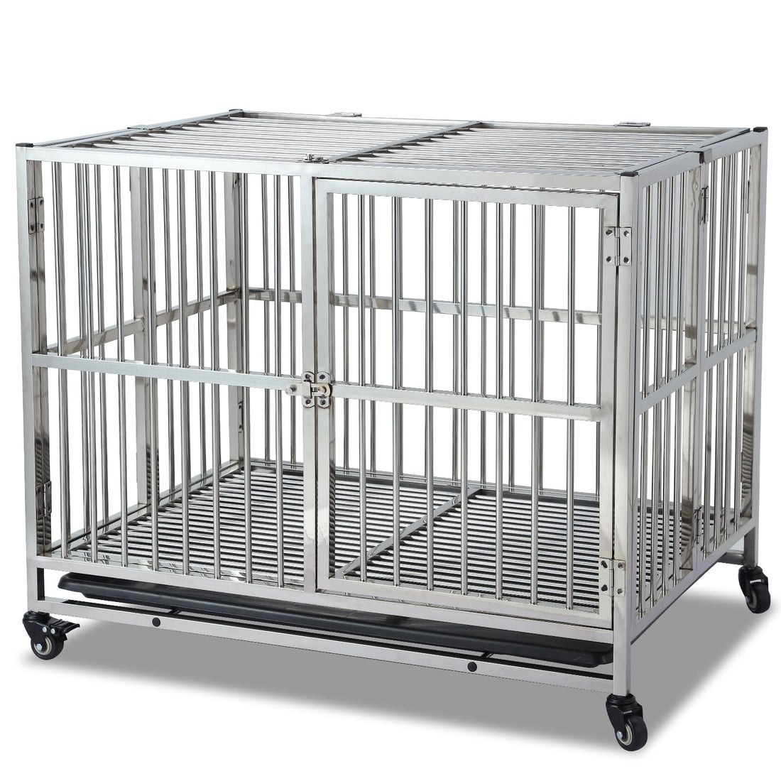 38 Inch Heavy Duty Dog Crate with Wheels Full Stainless Steel Double Door Removable Tray