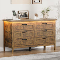 Garvee 6 Drawer Dresser with Power Outlet, Rustic Brown Dresser with LED Light, Modern Chest of Drawers for Closet, Double Wide Drawer Organizer Cabinet for Bedroom, Living Room